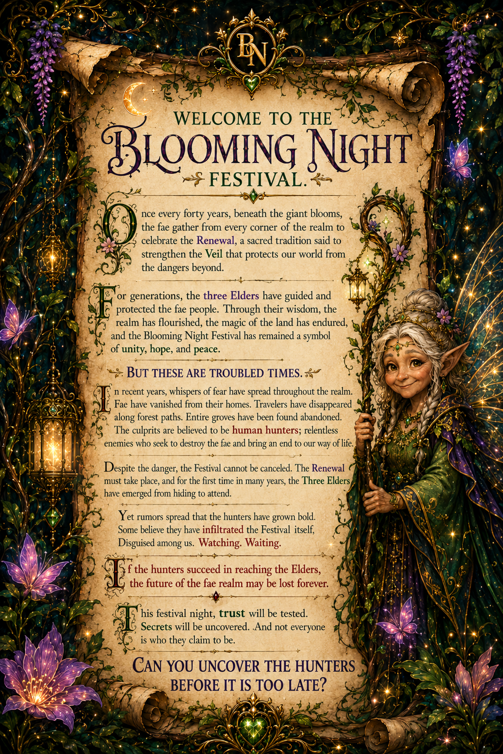 Welcome to the Blooming Night Festival — a gathering of the fae to celebrate the Renewal and protect the Veil